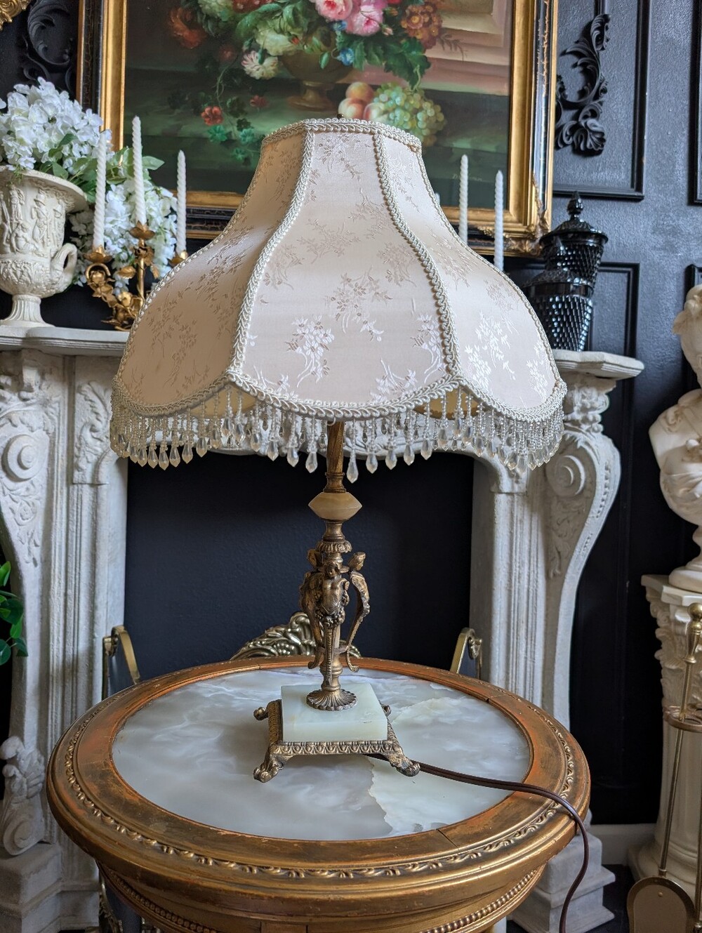 Vintage, Rare Onyx & Gold Gilt Cast Metal Figural Three Footed 2-Light Lamp